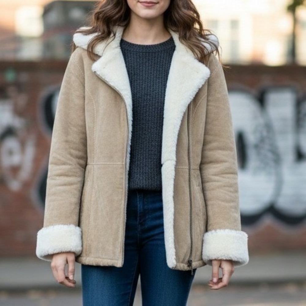 Wilsons Leather Beige Shearling-Trim Suede Jacket